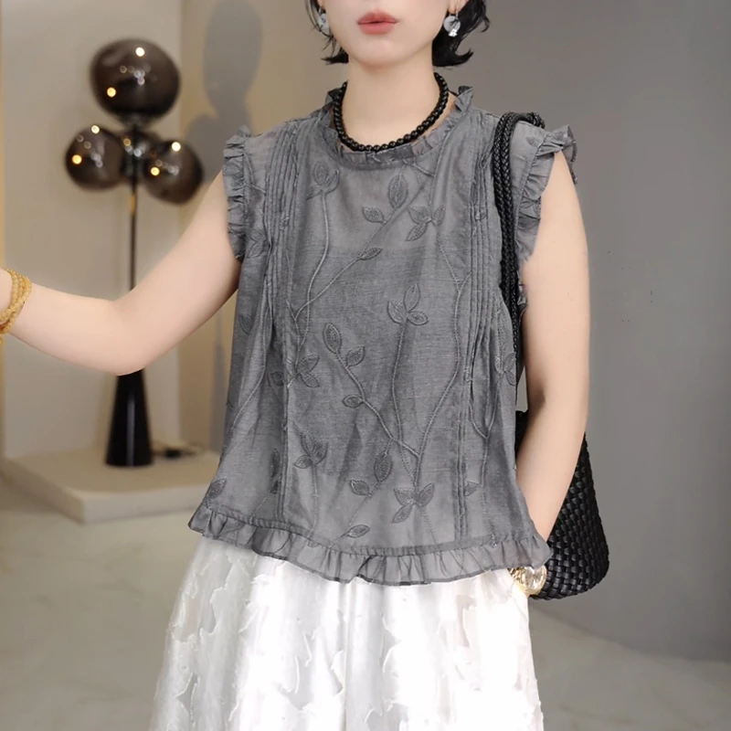 2025年夏季新款圆领花边设计感显瘦无袖T恤女生时尚百搭减龄上衣