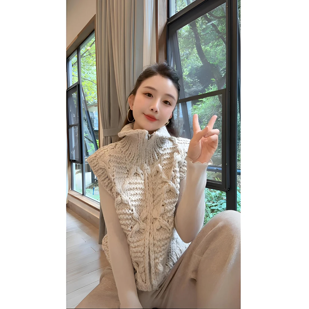 洋洋优选-秋冬新款立领拉链手工编织无袖设计马甲毛衣外套YY71930