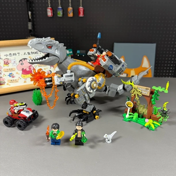 益智积木恐龙暴虐霸王龙可发射武器双脊龙翼龙三角龙拼装儿童玩具