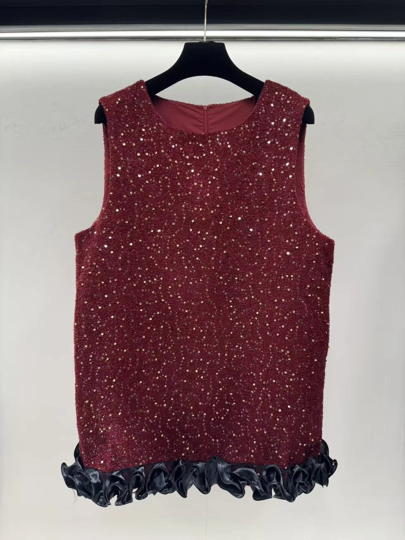 【深圳大码女装】琥珀流年炸街款酒红满钻无袖马甲荷叶边（AZ016)