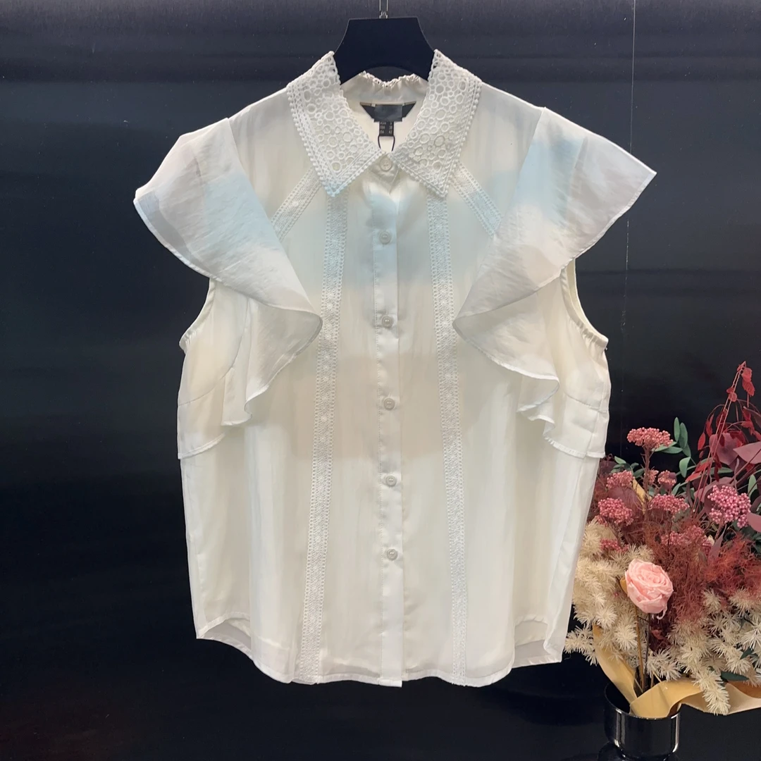 《高端定制》设计师款法式镂空领百褶上衣