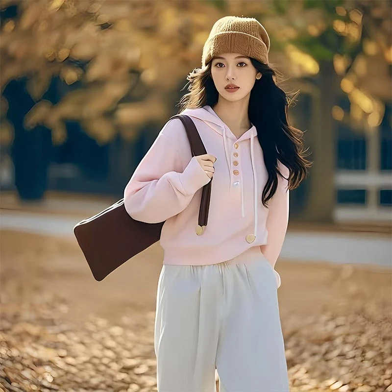 香朵儿时尚百搭粉色上衣气质高级感女2026春秋季新款宽松连帽卫衣