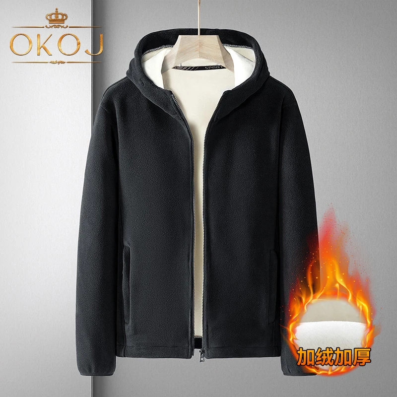 OKOJ摇粒绒抓绒衣男士外套加绒加厚防风保暖秋冬新款大码连帽卫衣