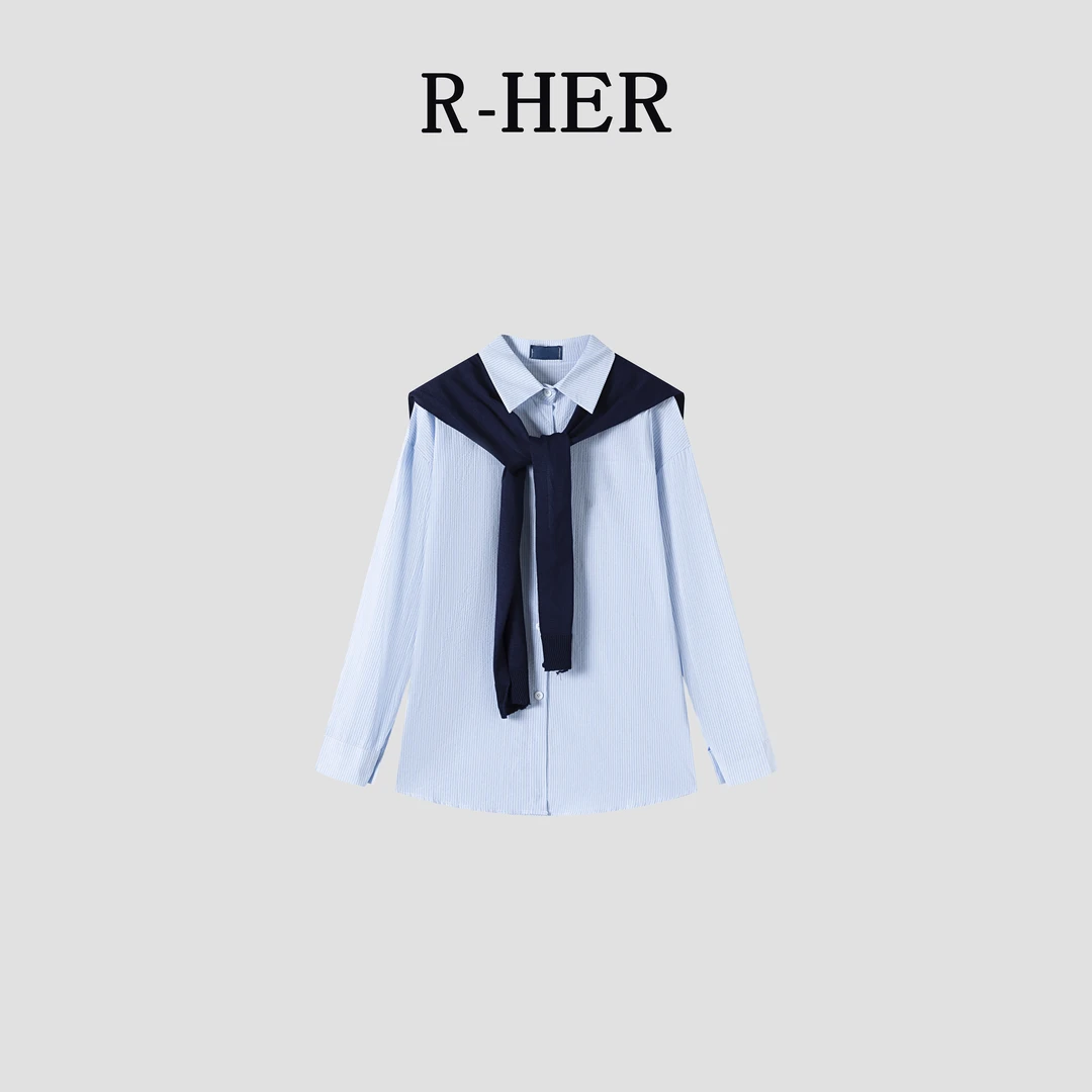 R-HER【披肩衬衣】时尚针织披肩刺绣长袖衬衫宽松显瘦中长款衬衣