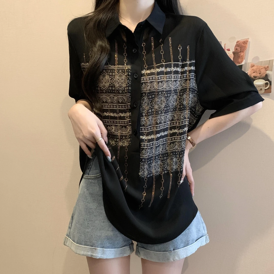 欧洲站黑色雪纺短袖衬衫女夏季新款大码胖mm遮肚洋气减龄烫钻上衣