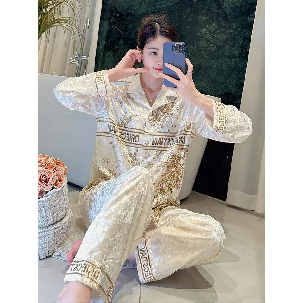 金丝绒睡衣女款秋冬季2024新款高级感轻奢长袖套装毛绒冬款家居服