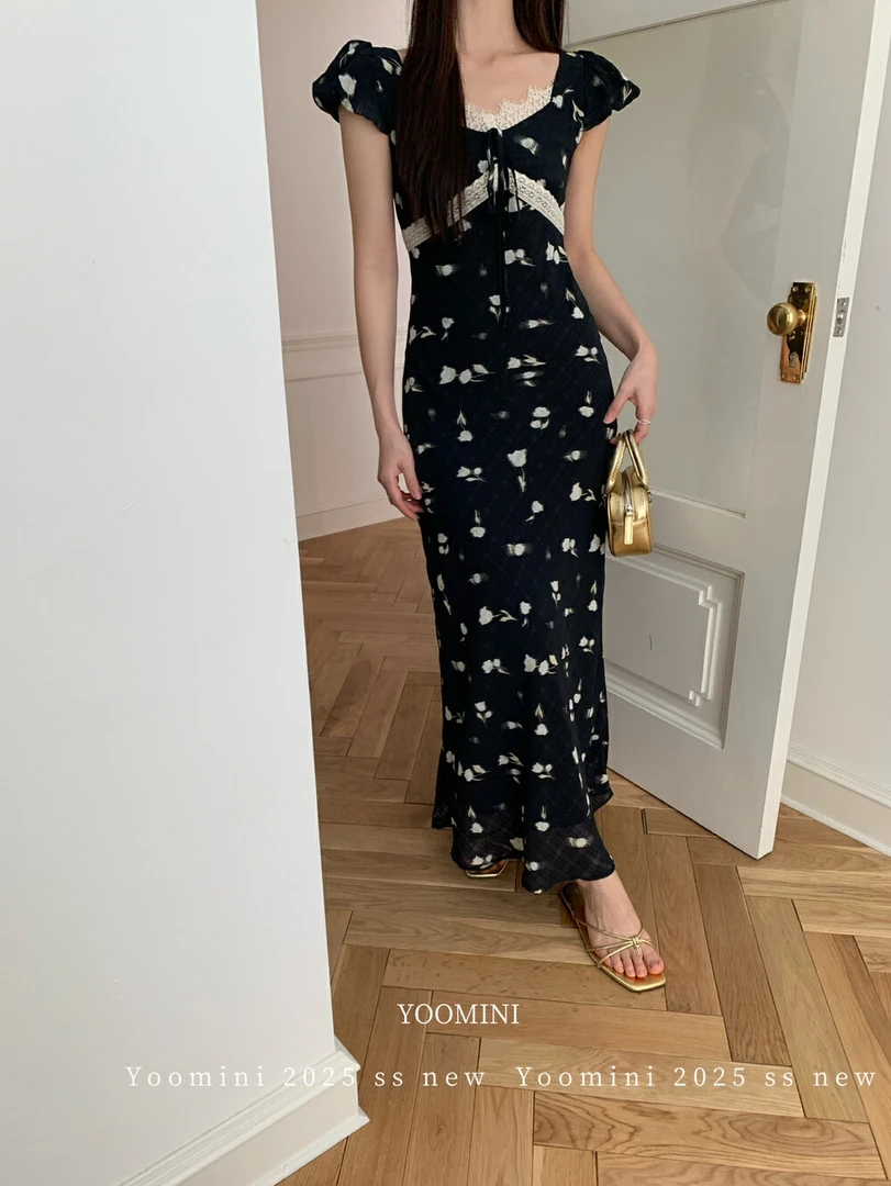 【福利no退换】18076春夏黑花收腰长裙，U领设计尽显优雅气质波点