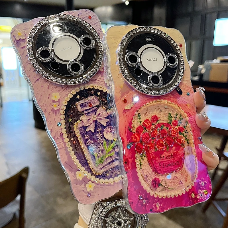 适用华为mate70系列苹果手机壳紫色梦幻珍珠香水全包满钻精孔镜头