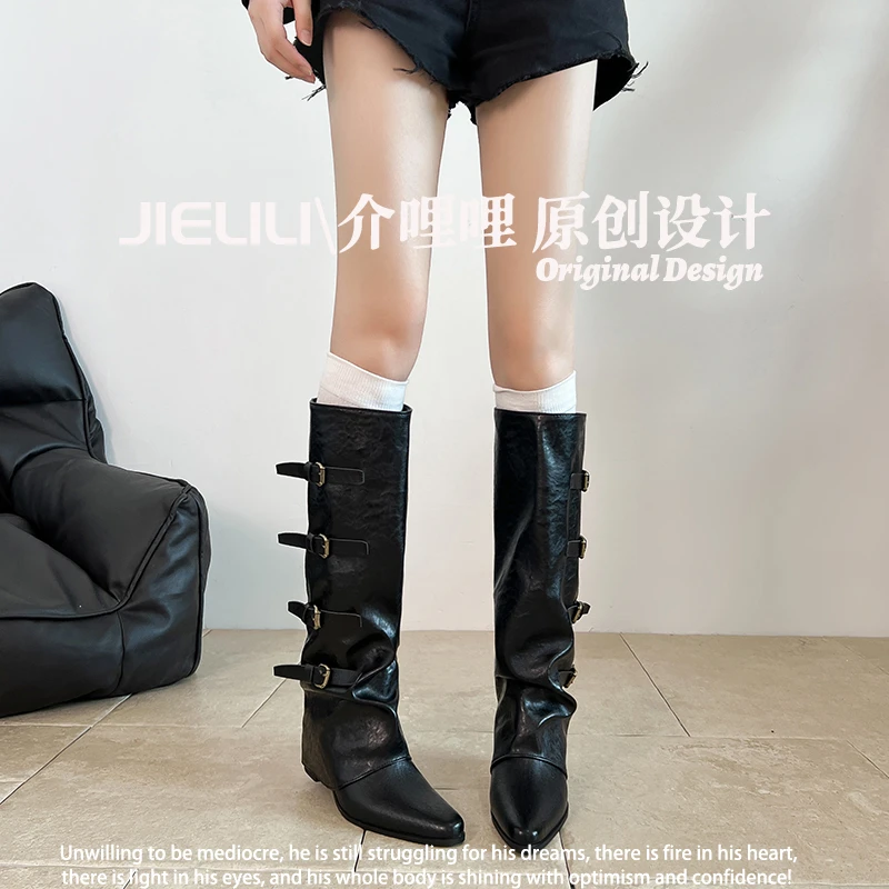 【介哩哩】西部废土长筒靴女2025秋冬新款复古堆堆牛仔高筒骑士靴子