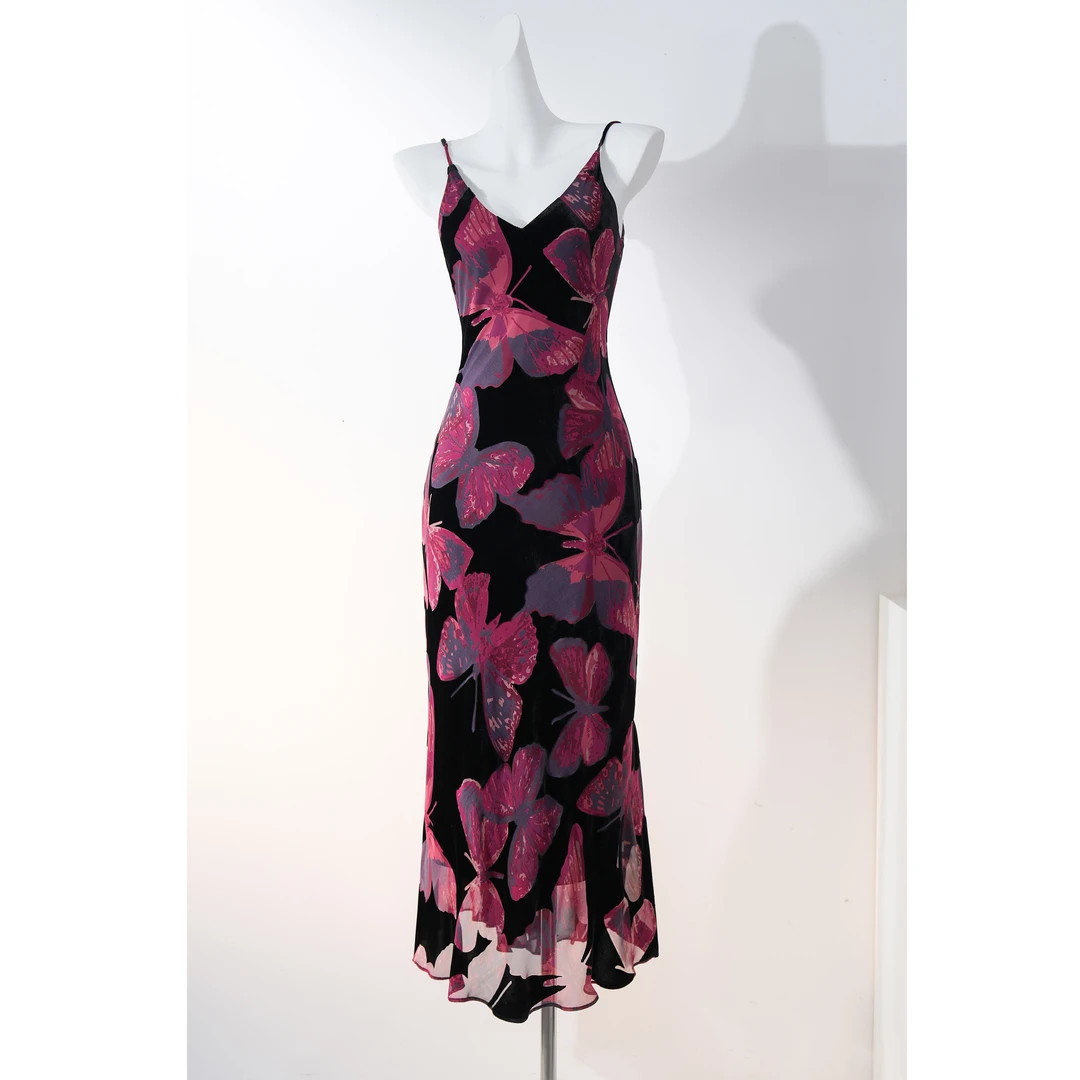 西子/【蝶舞】100桑蚕丝蝴蝶图案印花清爽夏季吊带连衣裙/CQBH1089