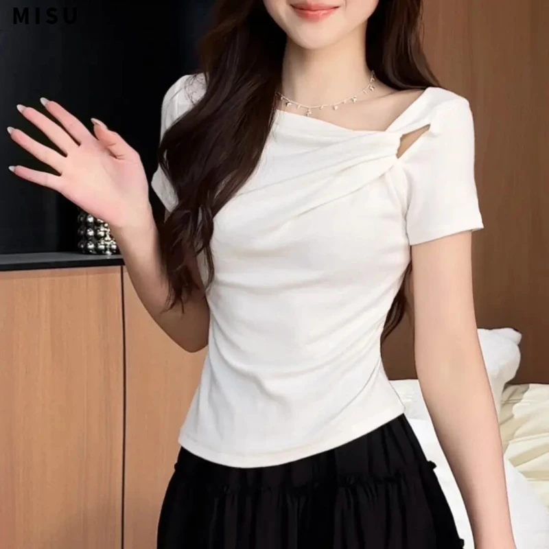 MISU/糜素2025早春新款法式侧边扭结不规则气质甜美修身显瘦短袖
