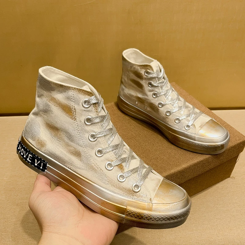 SCAVIOLA透气帆布鞋男款学生2025超火银色高帮复古小脏鞋时尚板鞋