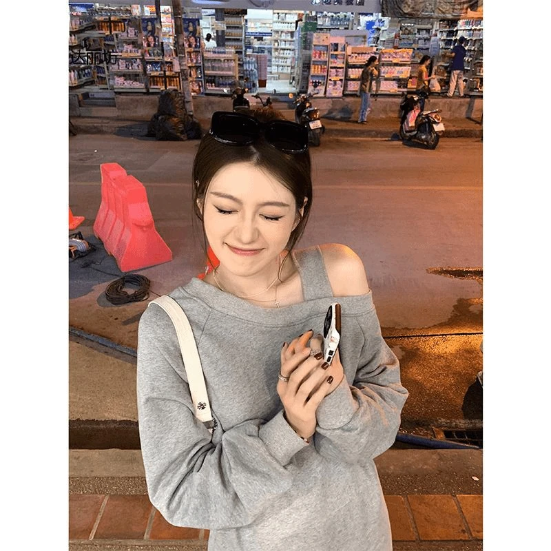 【韩系慵懒感】吊带露肩卫衣韩版时髦松弛设计感纯色上衣潮高智淡人