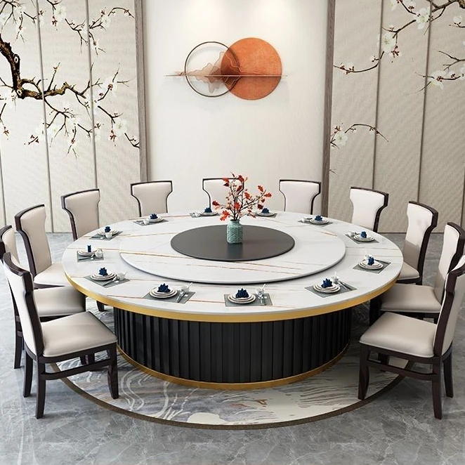 2025款手动电动岩板餐桌大圆桌饭店圆形电磁炉火锅桌可旋转带转盘