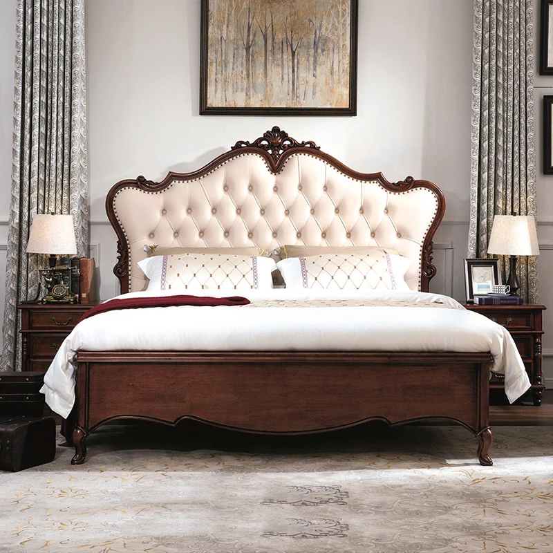 桃花芯木美式床卧室雕花软包大床全实木双人婚床公主床高档轻奢