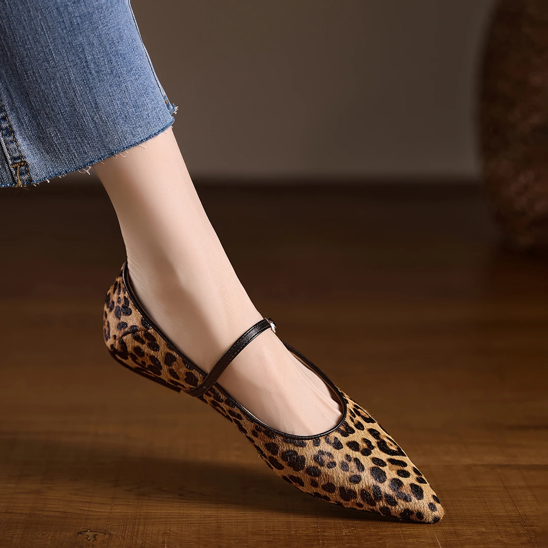 不累脚手工女鞋1.5cm~小众单鞋马毛豹纹一字带玛丽珍鞋舒适平底鞋
