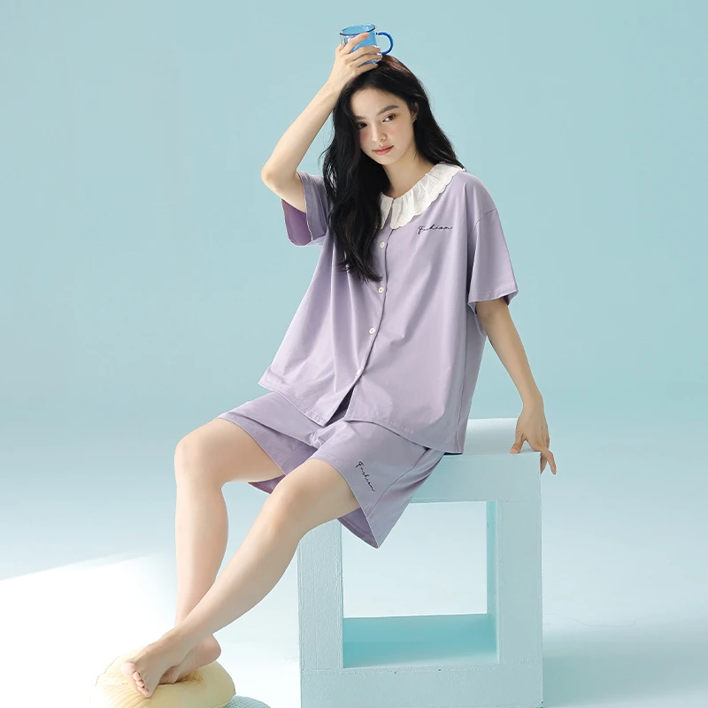 睡衣女夏季纯棉短袖短裤套装翻领开衫甜美舒适宽松休闲薄款家居服