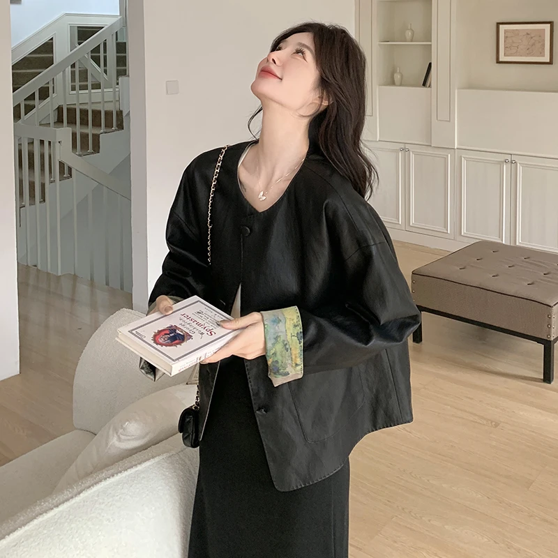 黑色新中式国风两面穿皮衣女2025春秋季新款复古圆领pu皮夹克外套