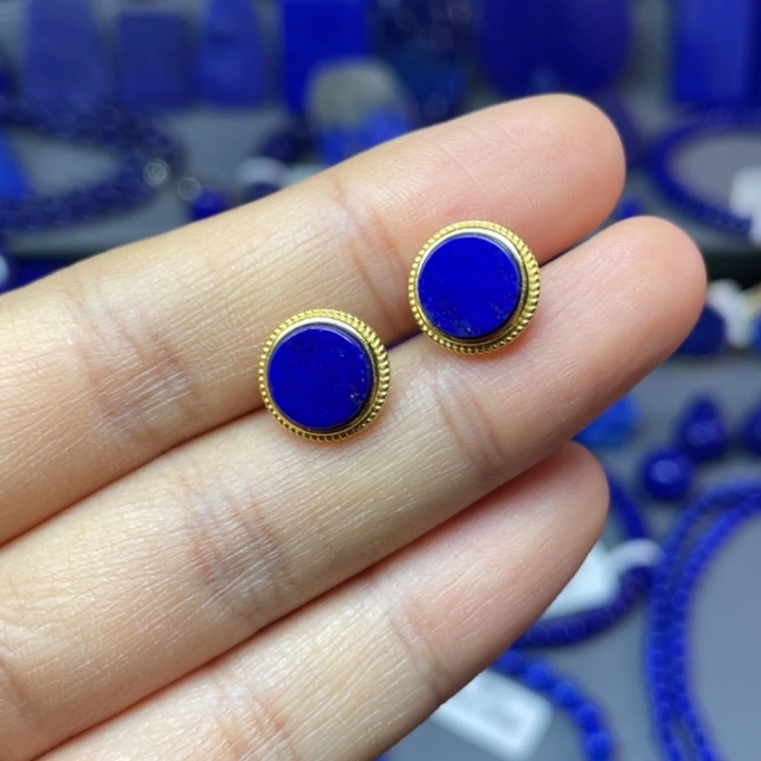 青金石银S925镀金镶嵌10mm耳饰