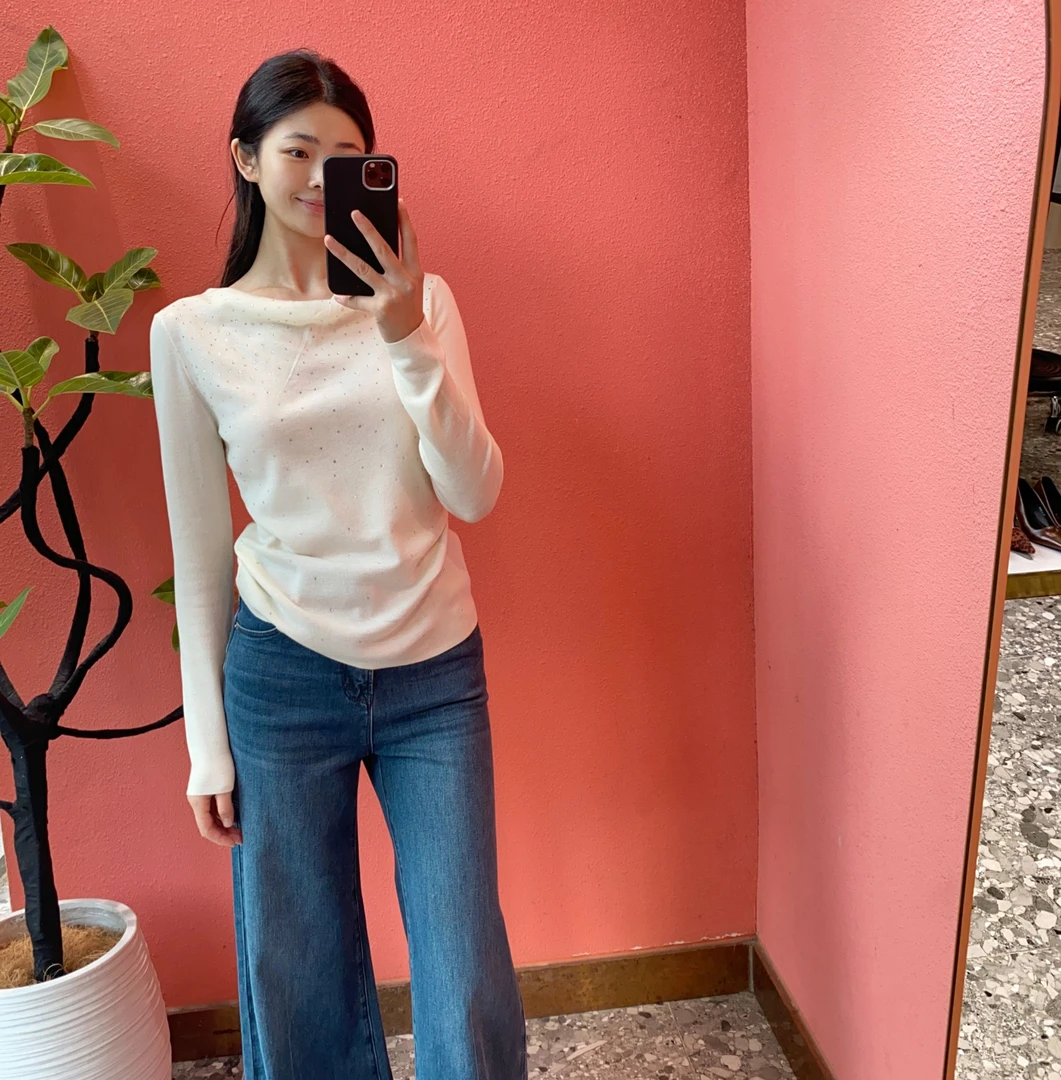 （默茗服装）闪钻荡领针织上衣