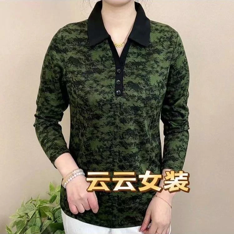 春季新款时尚休闲polo领长袖衬衫女大码百搭遮肉显瘦薄款t恤上衣