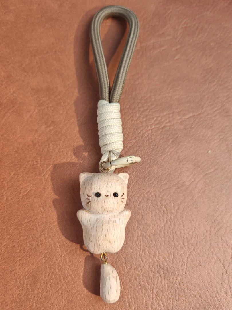 福气抱抱猫天然实木榉木钥匙扣挂件饰品