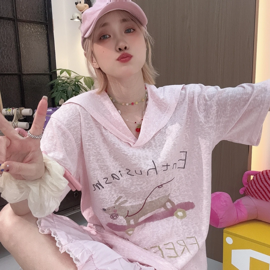 Apr.【滑板狗】宽松夏季百搭休闲甜美数码印卡通海军风T恤女25ST376