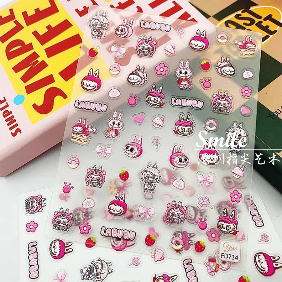 可爱拉卜卜贴纸立体浮雕卡通美甲贴纸粉红毛绒兔子穿戴甲指甲贴纸