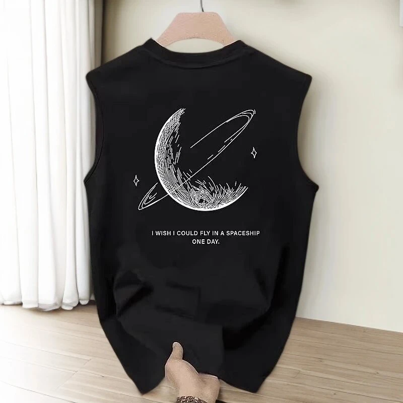 仓石一树潮牌月球印花休闲背心男士夏季宽松时尚健身男士无袖T恤