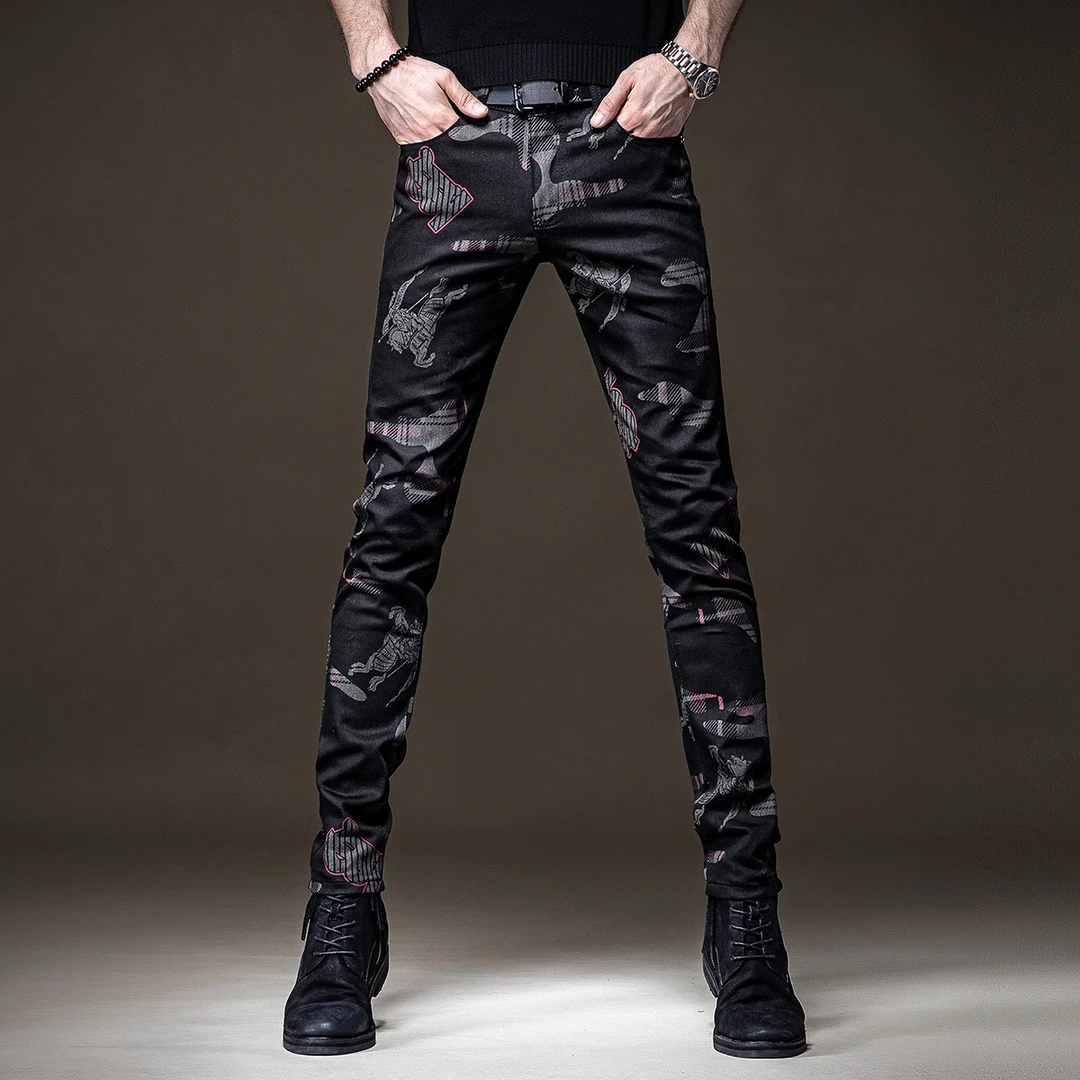 BALEYSWO痞帅印花小脚长裤男款机车牛仔裤新款弹力高端百搭休闲裤