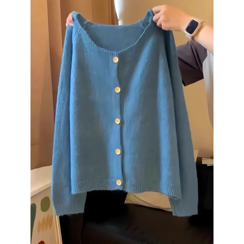 大码韩系早秋穿搭蓝色针织开衫女2025新款微胖mm遮肉毛衣显瘦外套