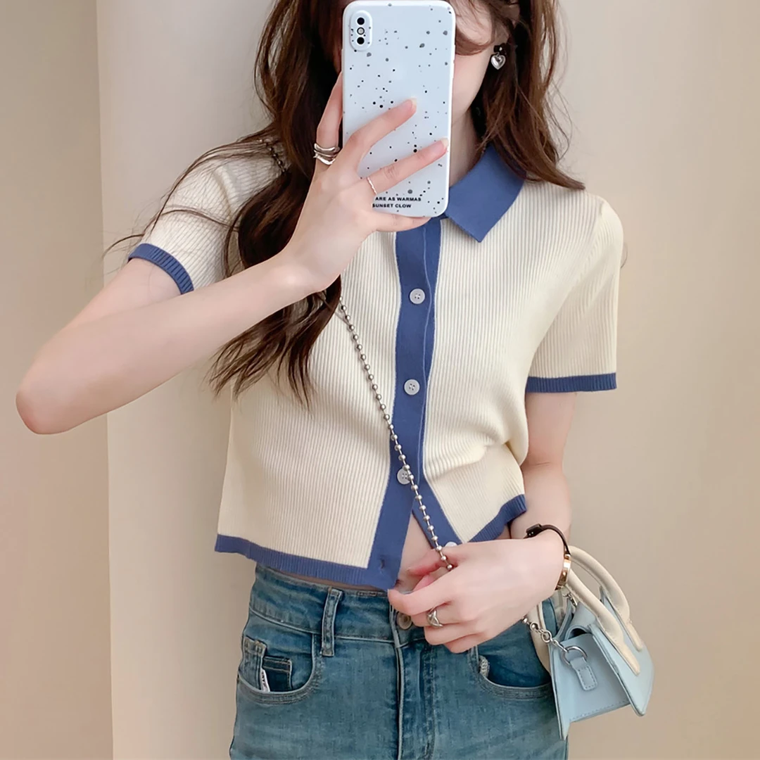 DC947 唐狮2025夏季女修身针织微弹单排扣通勤气质简约翻领短袖开