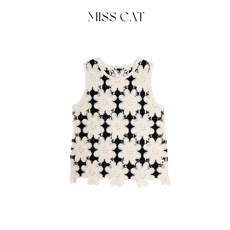 FELINE早呀猫小姐25早秋新款圆领无袖提花背心显瘦羊毛马甲女上衣