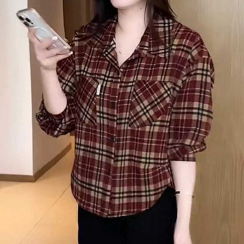 2025新款洋气格子衬衫中老年女装长袖休闲衬衣妈妈装春秋薄款外套
