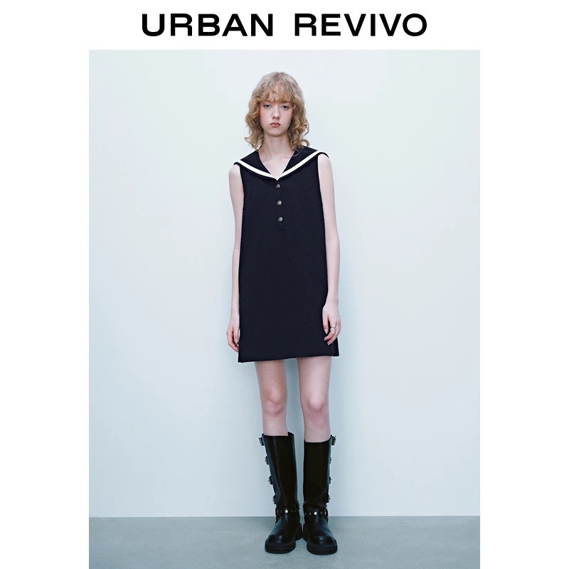 UR2025夏季新款女装欧若风学院风复古纽扣无袖连衣裙UYU750018