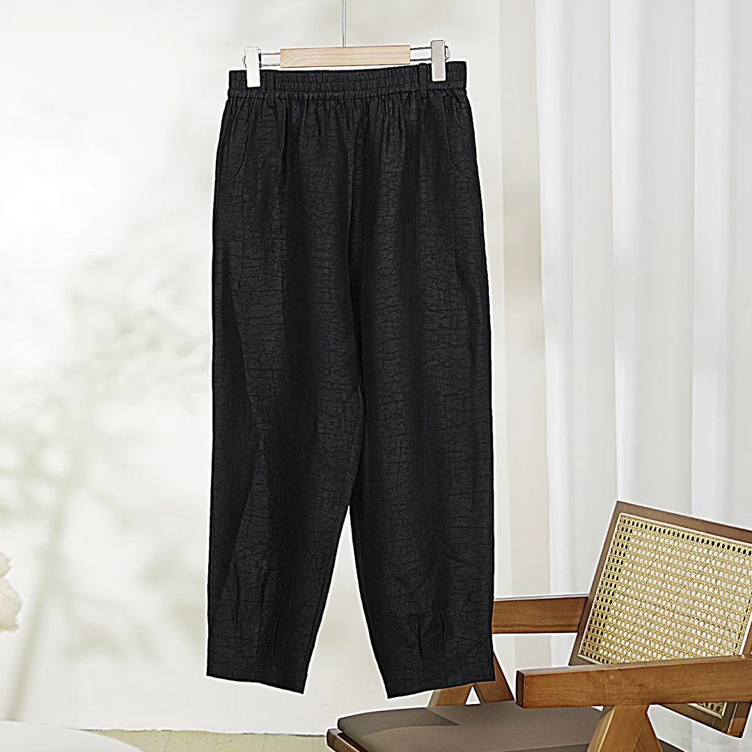 100%桑蚕丝男款龟裂纹休闲裤时尚长裤设计师百搭黑色1303