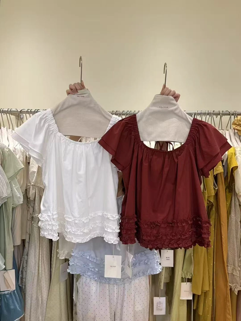 夏季新款韩版时尚纯色领系带木耳边宽松上衣