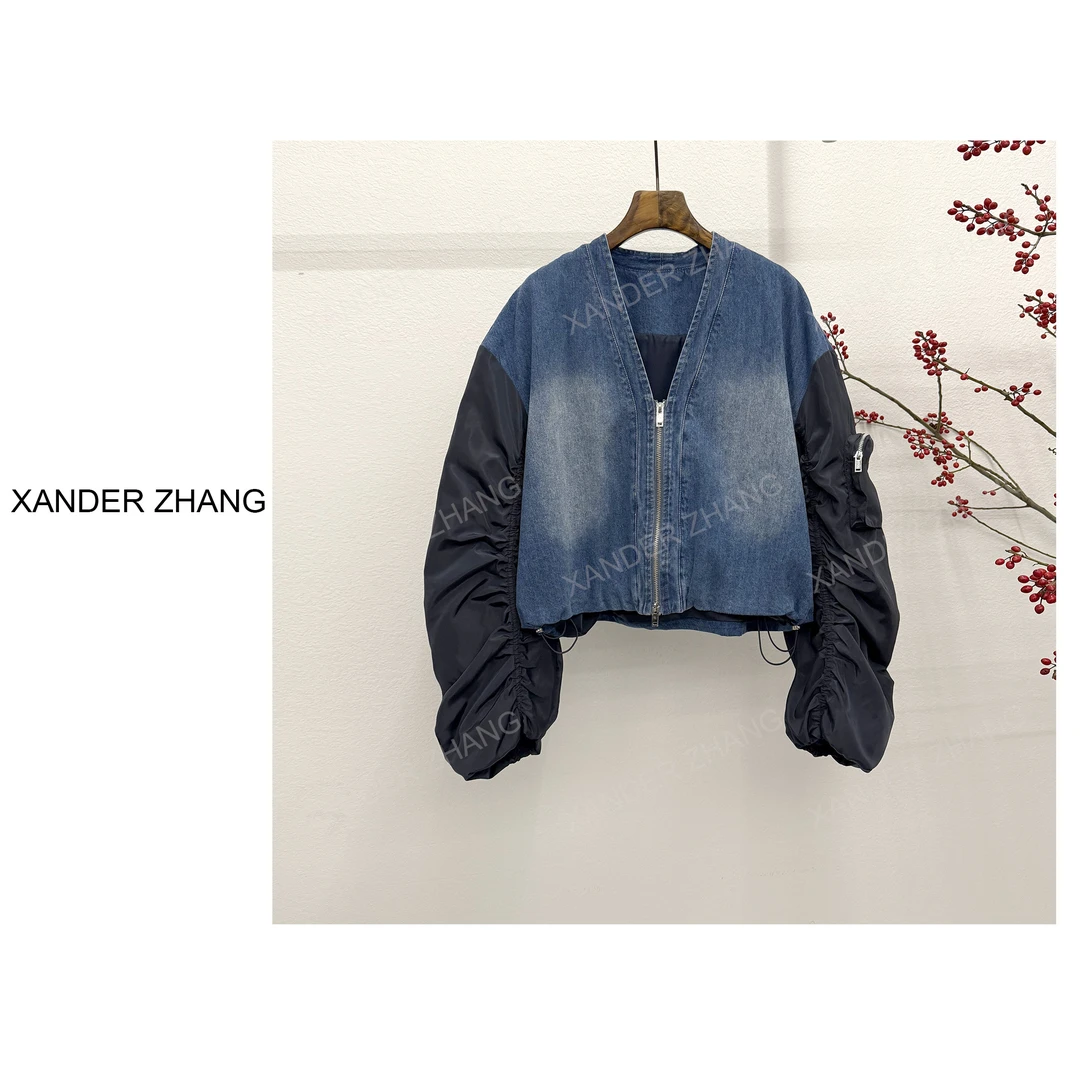 山大张时髦感牛仔拼接皱皱袖拉链外套YBJ1J065重工绣花时尚高级感