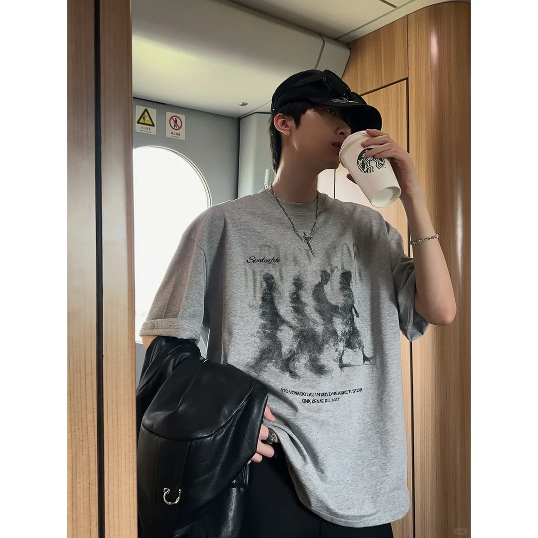 夏季新款潮牌印花纯棉短袖t恤男圆领百搭宽松显瘦半袖上衣服