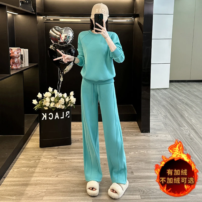 2025春秋新款休闲套装女简约显瘦宽松圆领加绒卫衣阔腿裤两件套潮