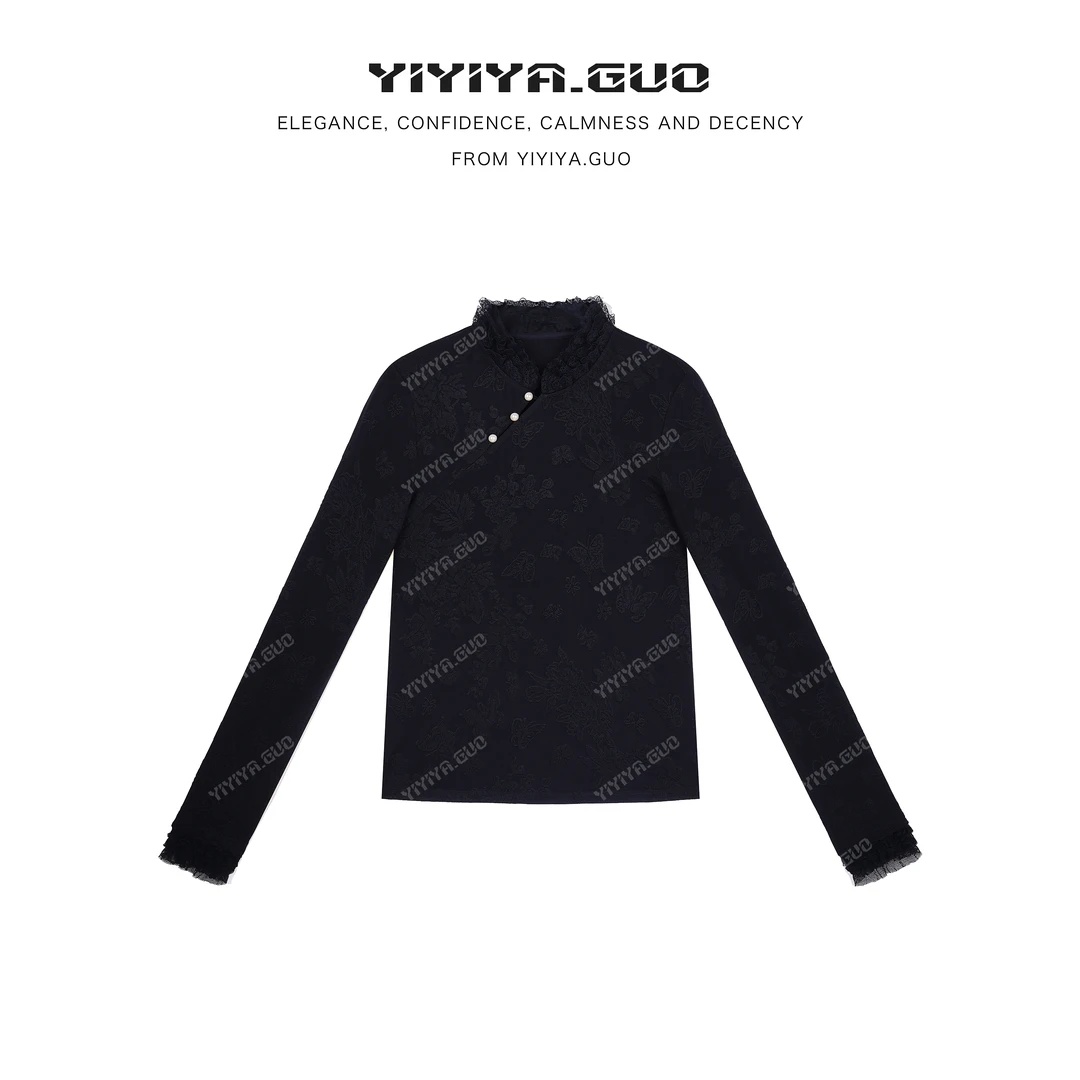 yiyiya.Guo艺艺吖【 初见】提花蕾丝珍珠扣长袖上衣2703SS52