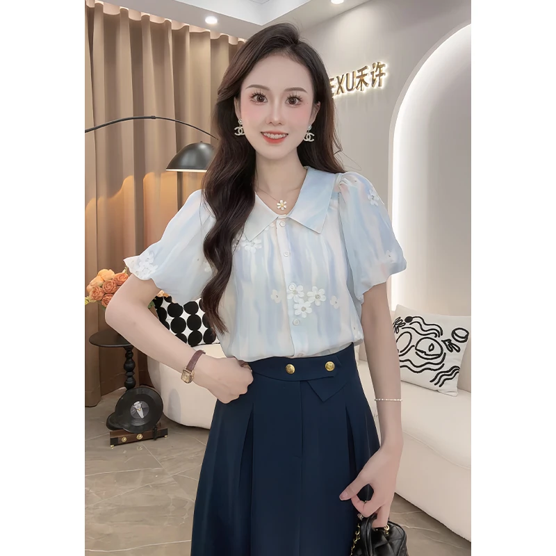 【现货】禾许短袖衬衫女2024夏设计感泡泡袖温柔显瘦上衣