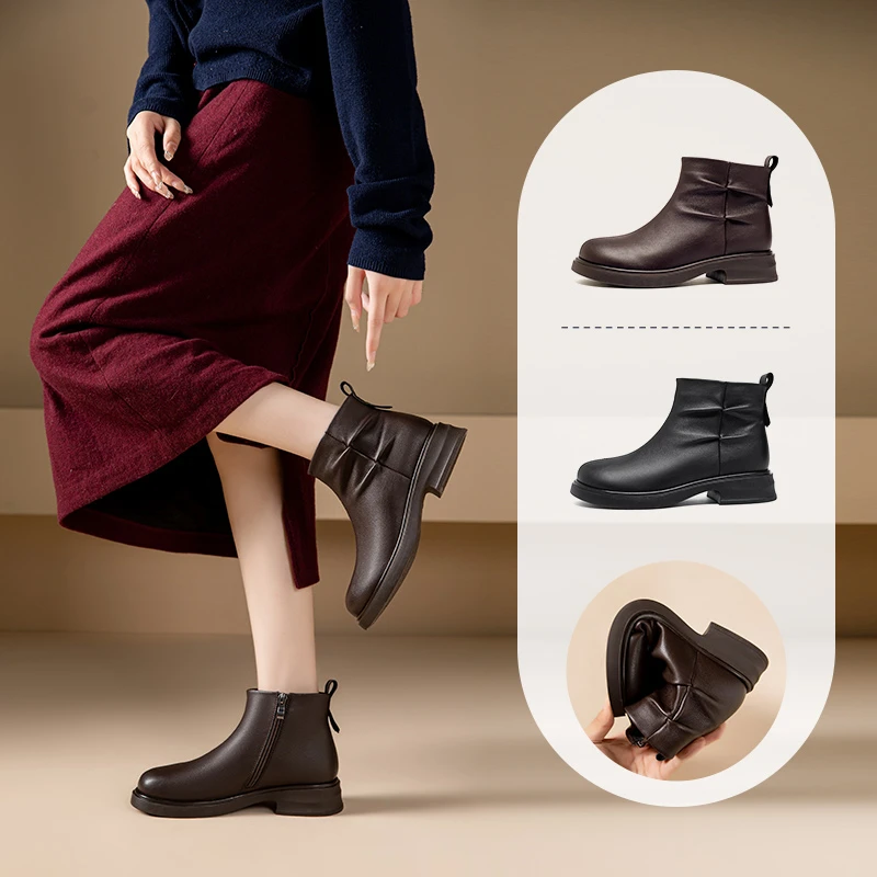 真皮加绒保暖妈妈鞋棉鞋中老年舒适不累脚短靴女款粗跟防滑女冬季