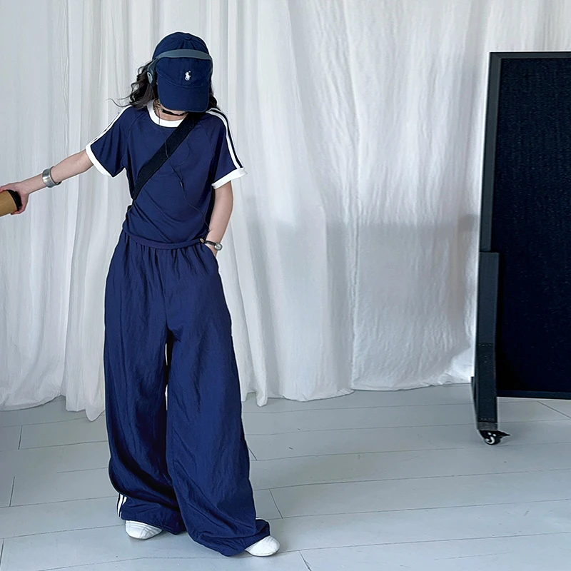 女童套装美式拉条短袖T恤透气束脚裤拖地裤子两件套2025夏童装新