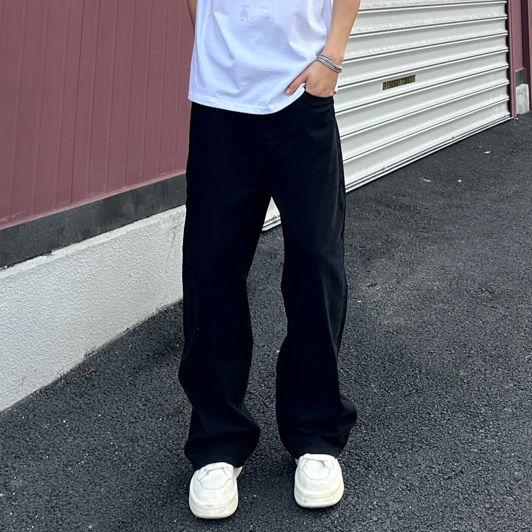 QUALCOMM秋冬新款净版百搭宽松直筒牛仔裤男款潮流黑色窄版阔腿裤