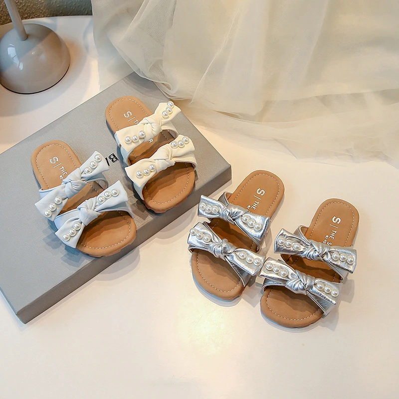 女童一字凉拖鞋2025夏季新款蝴蝶结公主鞋韩版百搭洋气沙滩鞋子