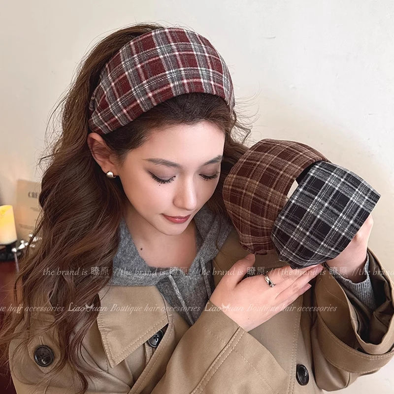 复古毛呢格子宽边发箍女高级感新款优雅头箍秋冬高颅顶发饰遮发缝