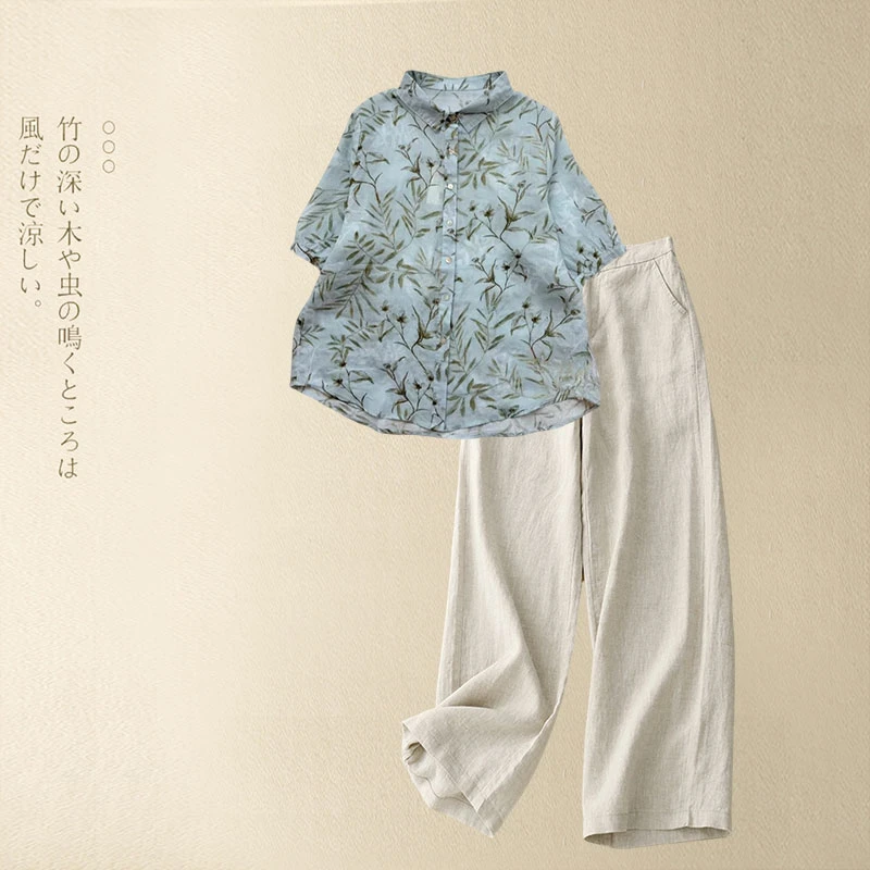 薄款枝叶印花衬衫小众半袖小衫宽松百搭碎花上衣垂感高腰直筒裤子