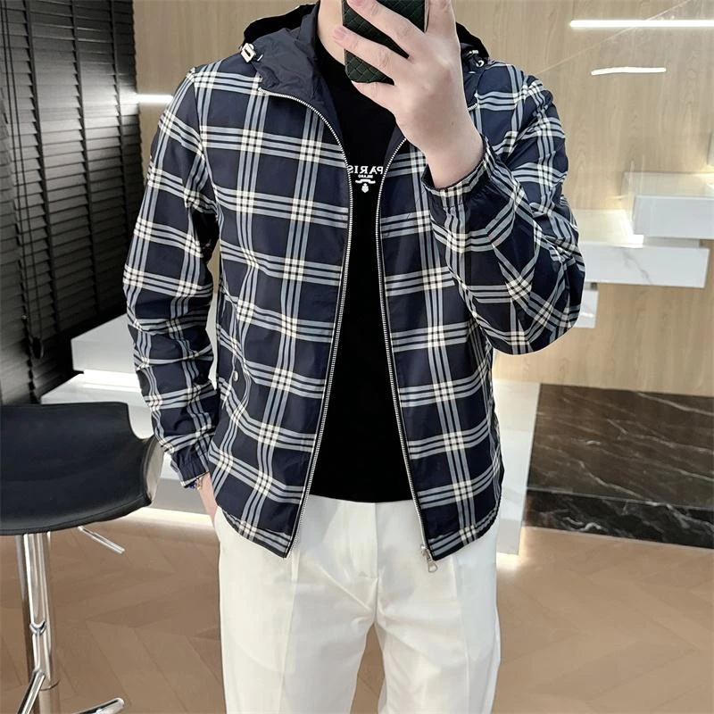 夹克新款轻奢时尚双面穿格子修身帅气连帽冲锋衣夹克外套男上衣潮
