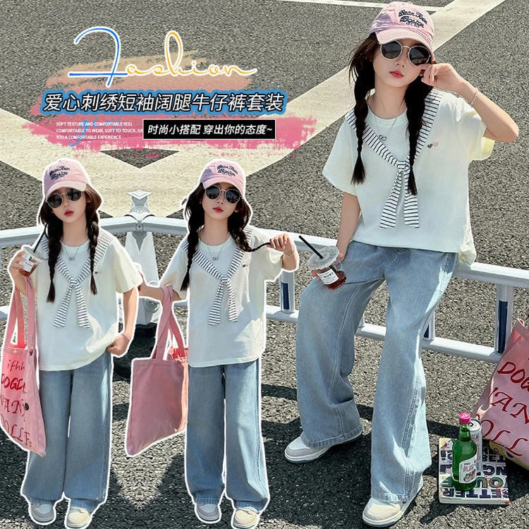 韩版夏季刺绣女童中大童洋气短袖